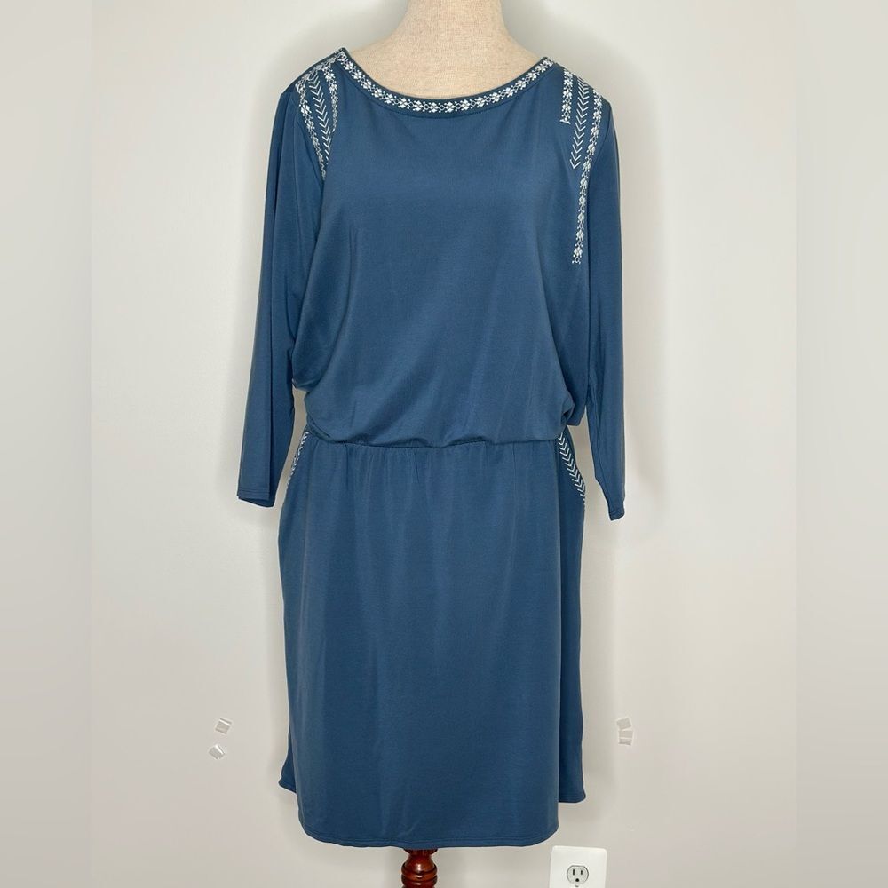 Garnet Hill Women's Embroidered Pocket-Detail Knit Dress Elastic Waist Blue XL